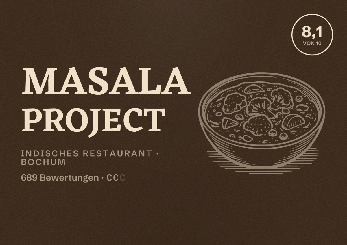 Illustriertes Poster von Masala Project, Indisches Restaurant in Bochum: Bewertung 8,1 von 10 aus 689 Bewertungen, Preisniveau €€
