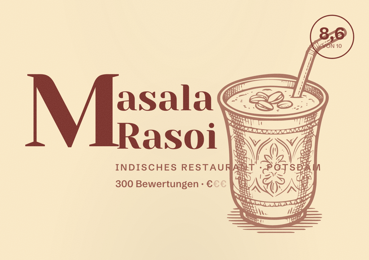 Illustriertes Poster von Masala Rasoi, Indisches Restaurant in Potsdam: Bewertung 8,6 von 10 aus 300 Bewertungen, Preisniveau €