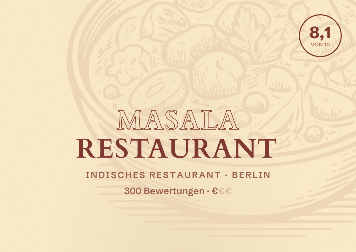 Illustriertes Poster von Masala Restaurant, Indisches Restaurant in Berlin: Bewertung 8,1 von 10 aus 300 Bewertungen, Preisniveau €