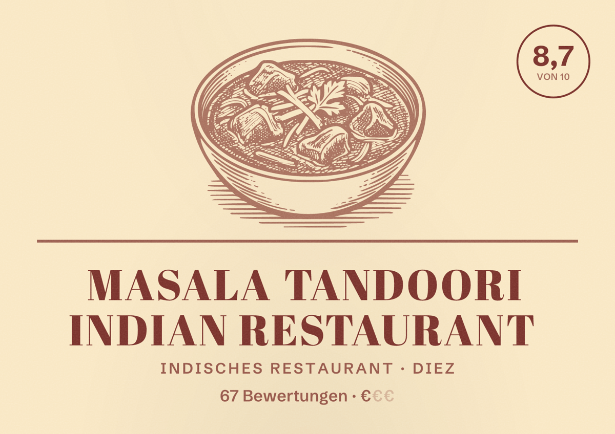 Illustriertes Poster von MASALA TANDOORI INDIAN RESTAURANT, Indisches Restaurant in Diez: Bewertung 8,7 von 10 aus 67 Bewertungen, Preisniveau €