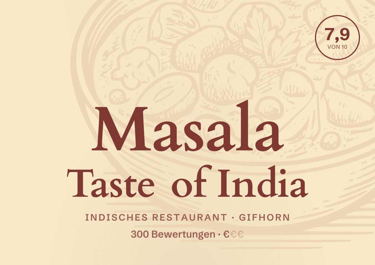 Illustriertes Poster von Masala Taste of India, Indisches Restaurant in Gifhorn: Bewertung 7,9 von 10 aus 300 Bewertungen, Preisniveau €