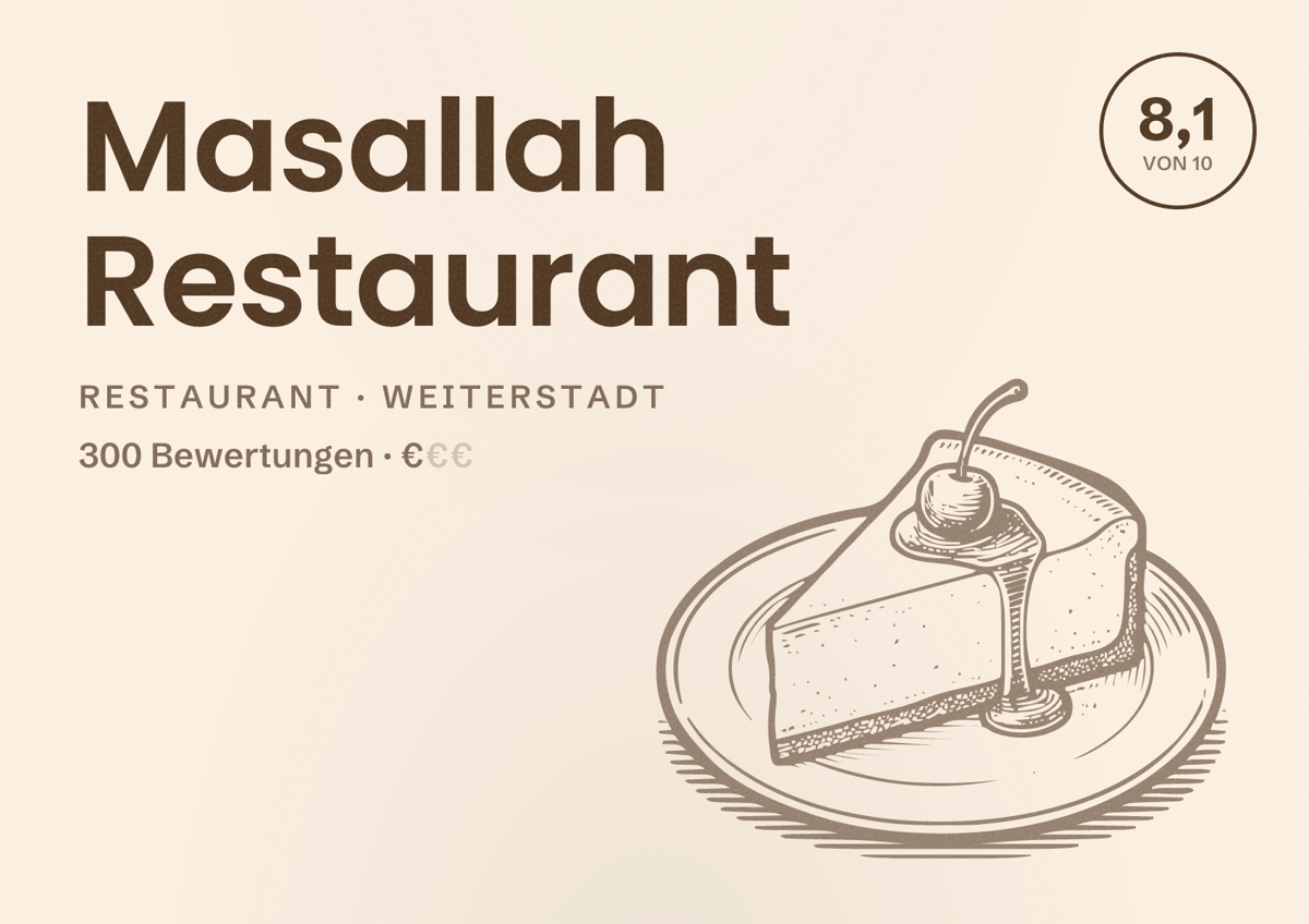 Illustriertes Poster von Masallah Restaurant, Restaurant in Weiterstadt: Bewertung 8,1 von 10 aus 300 Bewertungen, Preisniveau €