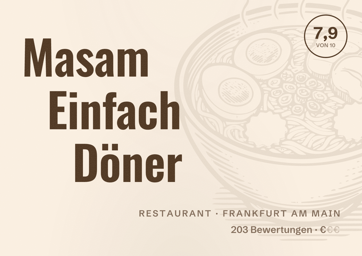 Illustriertes Poster von Masam Einfach Döner, Restaurant in Frankfurt am Main: Bewertung 7,9 von 10 aus 203 Bewertungen, Preisniveau €