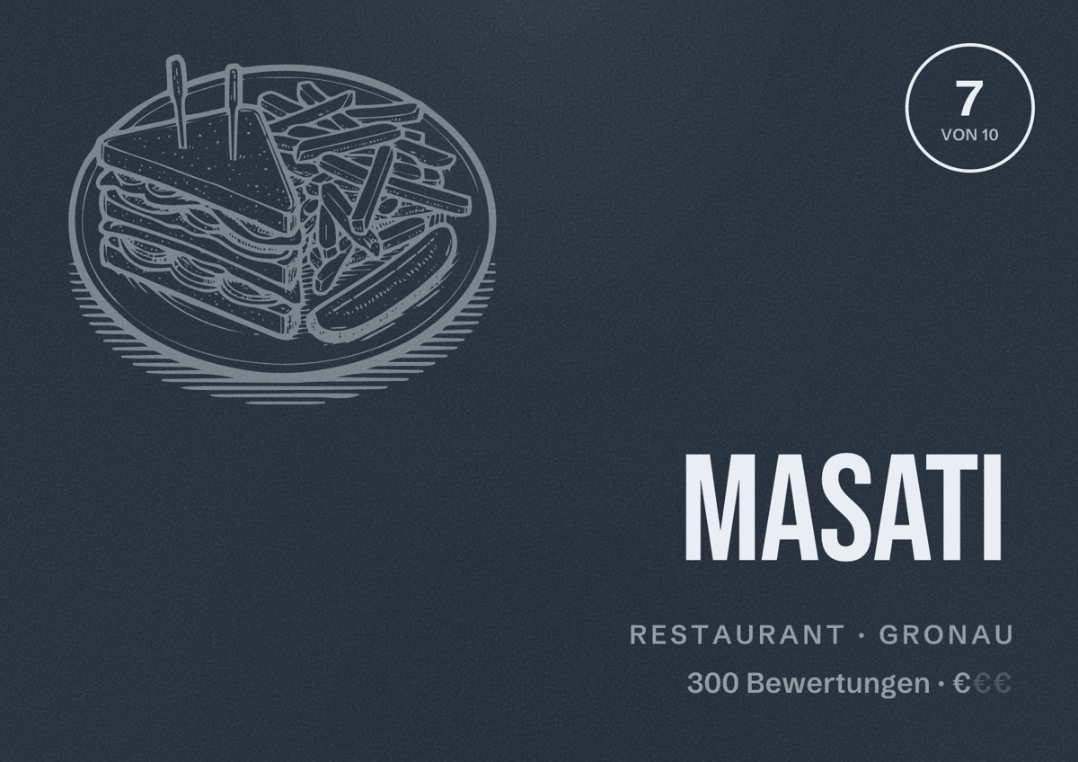 Illustriertes Poster von MaSaTi, Restaurant in Gronau: Bewertung 7 von 10 aus 300 Bewertungen, Preisniveau €