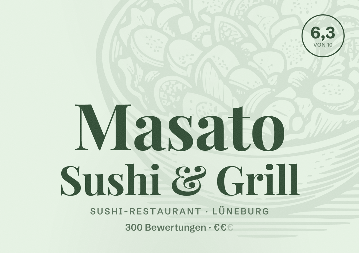 Illustriertes Poster von Masato Sushi & Grill, Sushi-Restaurant in Lüneburg: Bewertung 6,3 von 10 aus 300 Bewertungen, Preisniveau €€
