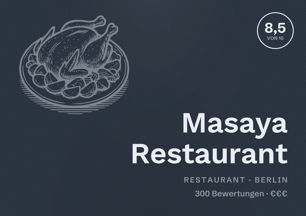 Illustriertes Poster von Masaya Restaurant, Restaurant in Berlin: Bewertung 8,5 von 10 aus 300 Bewertungen, Preisniveau €€€