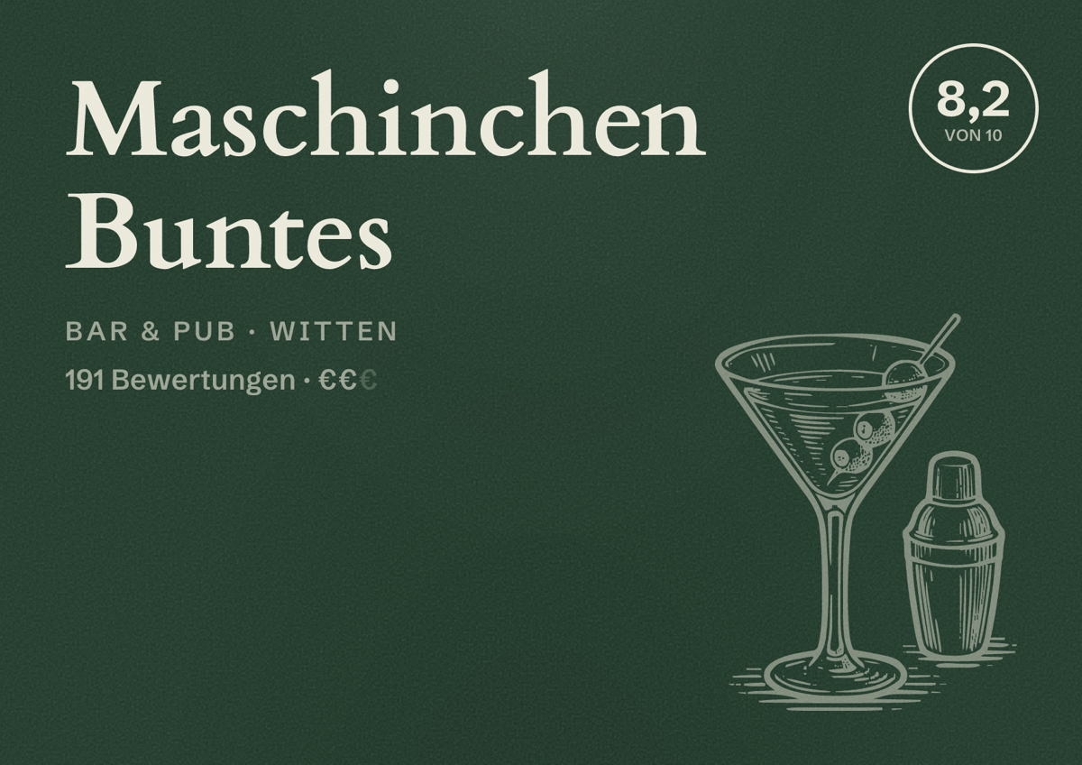 Illustriertes Poster von Maschinchen Buntes, Bar & Pub in Witten: Bewertung 8,2 von 10 aus 191 Bewertungen, Preisniveau €€