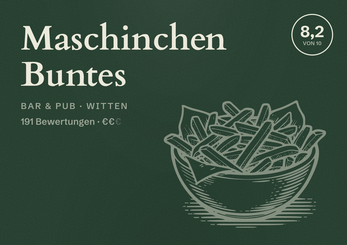 Illustriertes Poster von Maschinchen Buntes, Bar & Pub in Witten: Bewertung 8,2 von 10 aus 191 Bewertungen, Preisniveau €€
