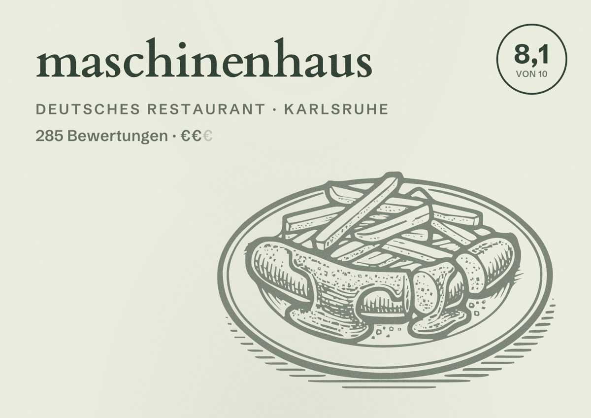 Illustriertes Poster von maschinenhaus, Deutsches Restaurant in Karlsruhe: Bewertung 8,1 von 10 aus 285 Bewertungen, Preisniveau €€