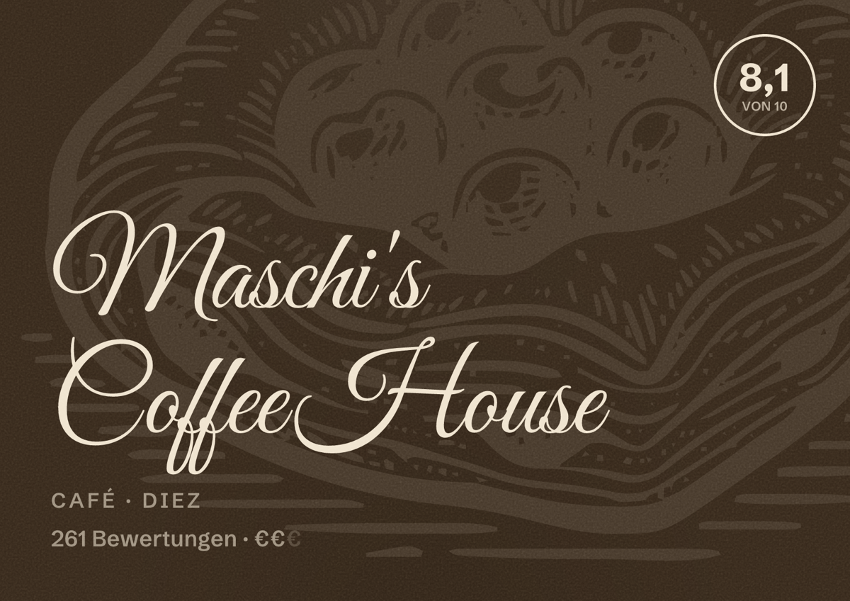 Illustriertes Poster von Maschi's Coffee House, Café in Diez: Bewertung 8,1 von 10 aus 261 Bewertungen, Preisniveau €€