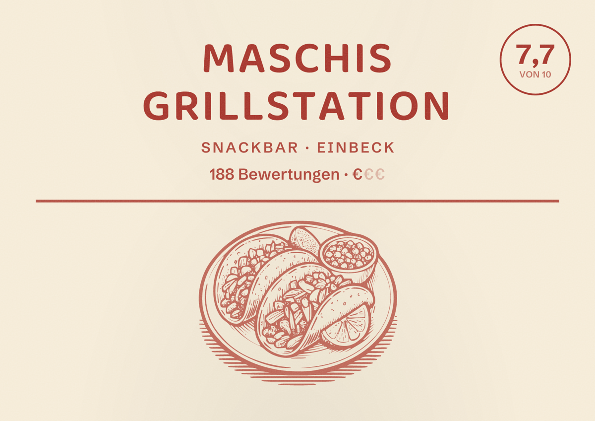 Illustriertes Poster von Maschis Grillstation, Snackbar in Einbeck: Bewertung 7,7 von 10 aus 188 Bewertungen, Preisniveau €