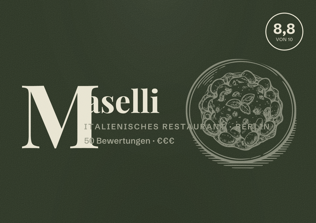 Illustriertes Poster von Maselli, Italienisches Restaurant in Berlin: Bewertung 8,8 von 10 aus 50 Bewertungen, Preisniveau €€€