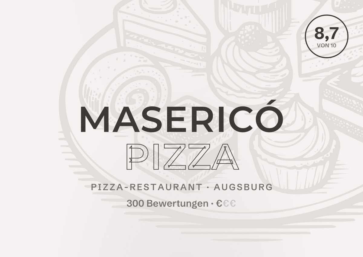 Illustriertes Poster von Masericó Pizza, Pizza-Restaurant in Augsburg: Bewertung 8,7 von 10 aus 300 Bewertungen, Preisniveau €