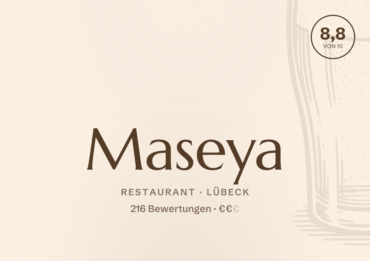 Illustriertes Poster von Maseya, Restaurant in Lübeck: Bewertung 8,8 von 10 aus 216 Bewertungen, Preisniveau €€