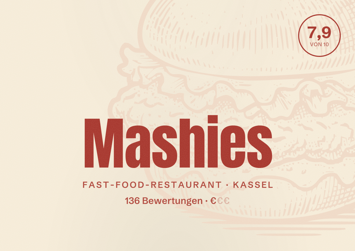 Illustriertes Poster von Mashies, Fast-Food-Restaurant in Kassel: Bewertung 7,9 von 10 aus 136 Bewertungen, Preisniveau €