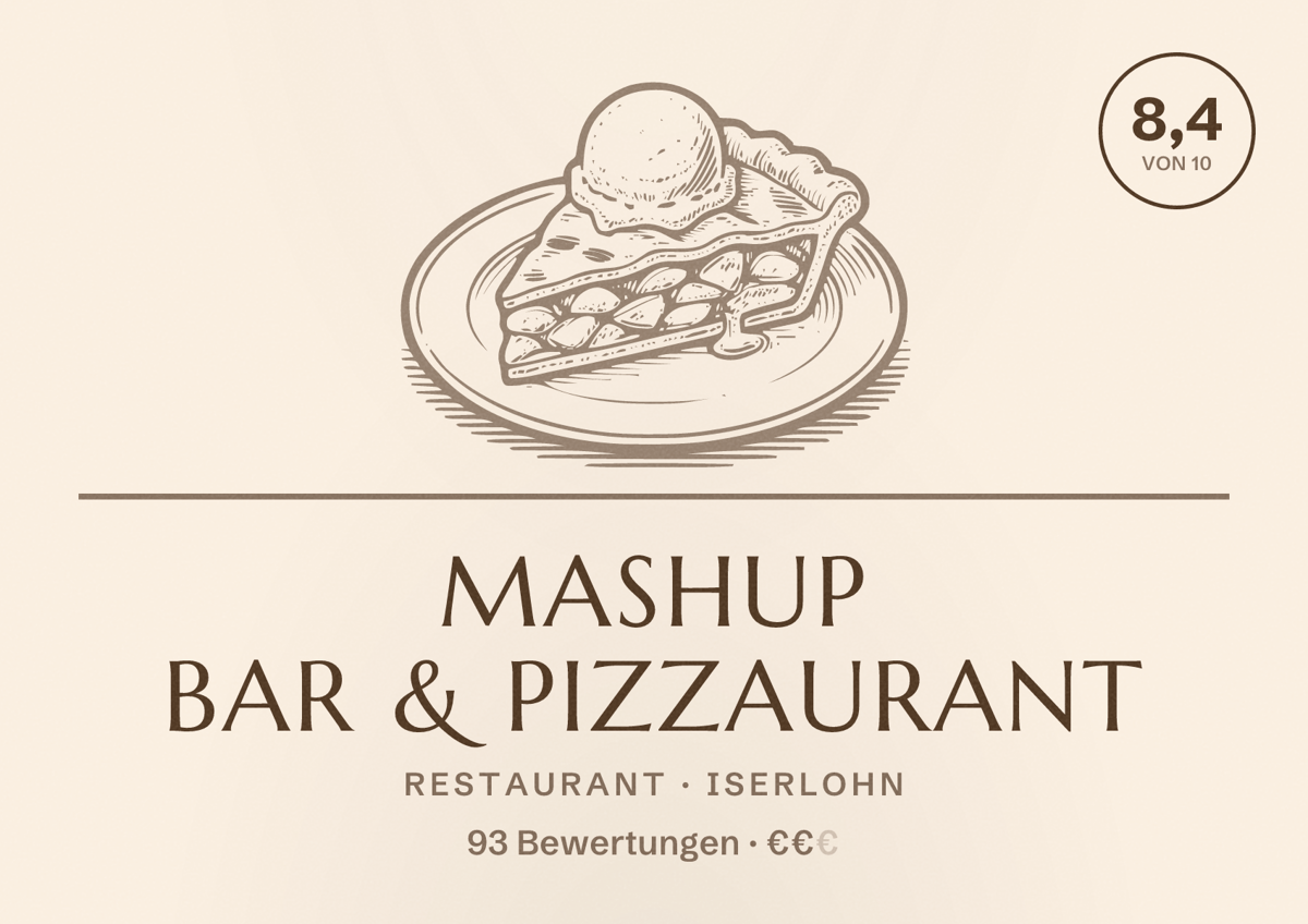 Illustriertes Poster von Mashup Bar & Pizzaurant, Restaurant in Iserlohn: Bewertung 8,4 von 10 aus 93 Bewertungen, Preisniveau €€