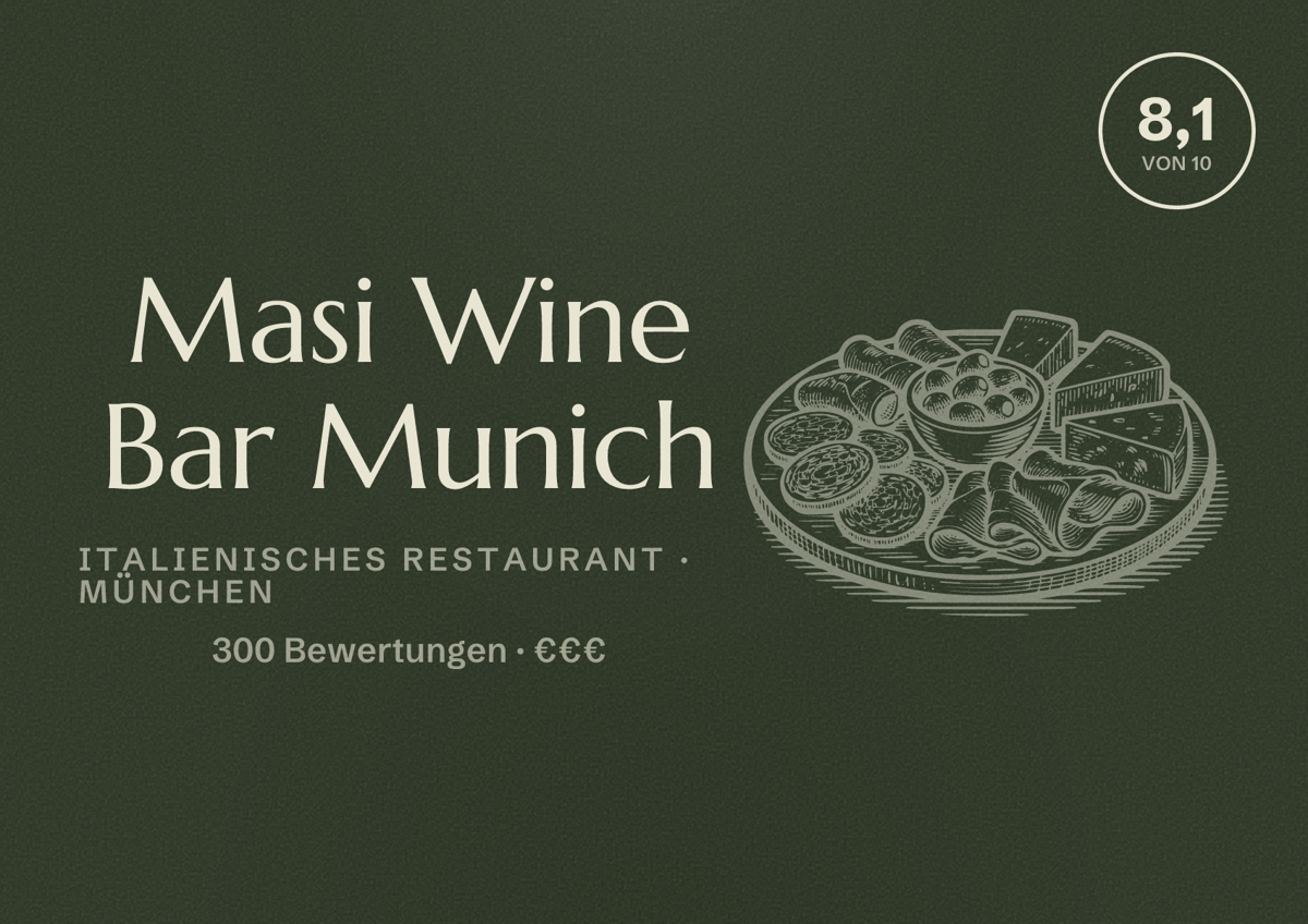 Illustriertes Poster von Masi Wine Bar Munich, Italienisches Restaurant in München: Bewertung 8,1 von 10 aus 300 Bewertungen, Preisniveau €€€