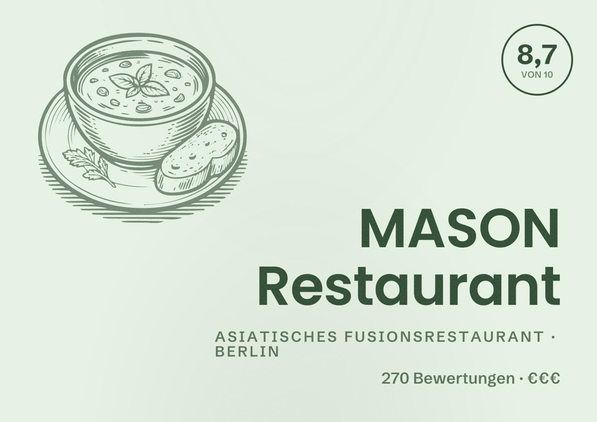 Illustriertes Poster von MASON Restaurant, Asiatisches Fusionsrestaurant in Berlin: Bewertung 8,7 von 10 aus 270 Bewertungen, Preisniveau €€€
