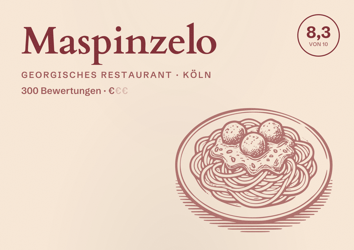 Illustriertes Poster von Maspinzelo, Georgisches Restaurant in Köln: Bewertung 8,3 von 10 aus 300 Bewertungen, Preisniveau €