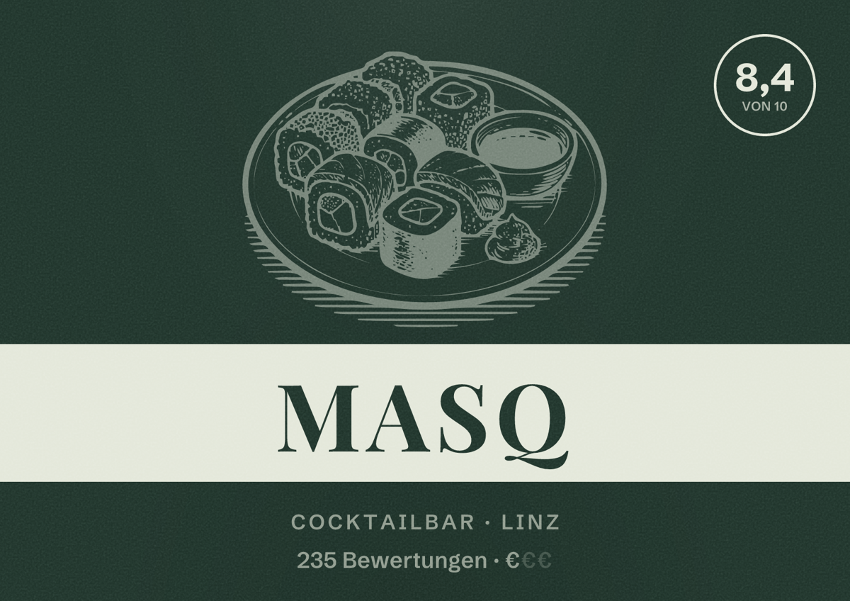 Illustriertes Poster von MASQ, Cocktailbar in Linz: Bewertung 8,4 von 10 aus 235 Bewertungen, Preisniveau €