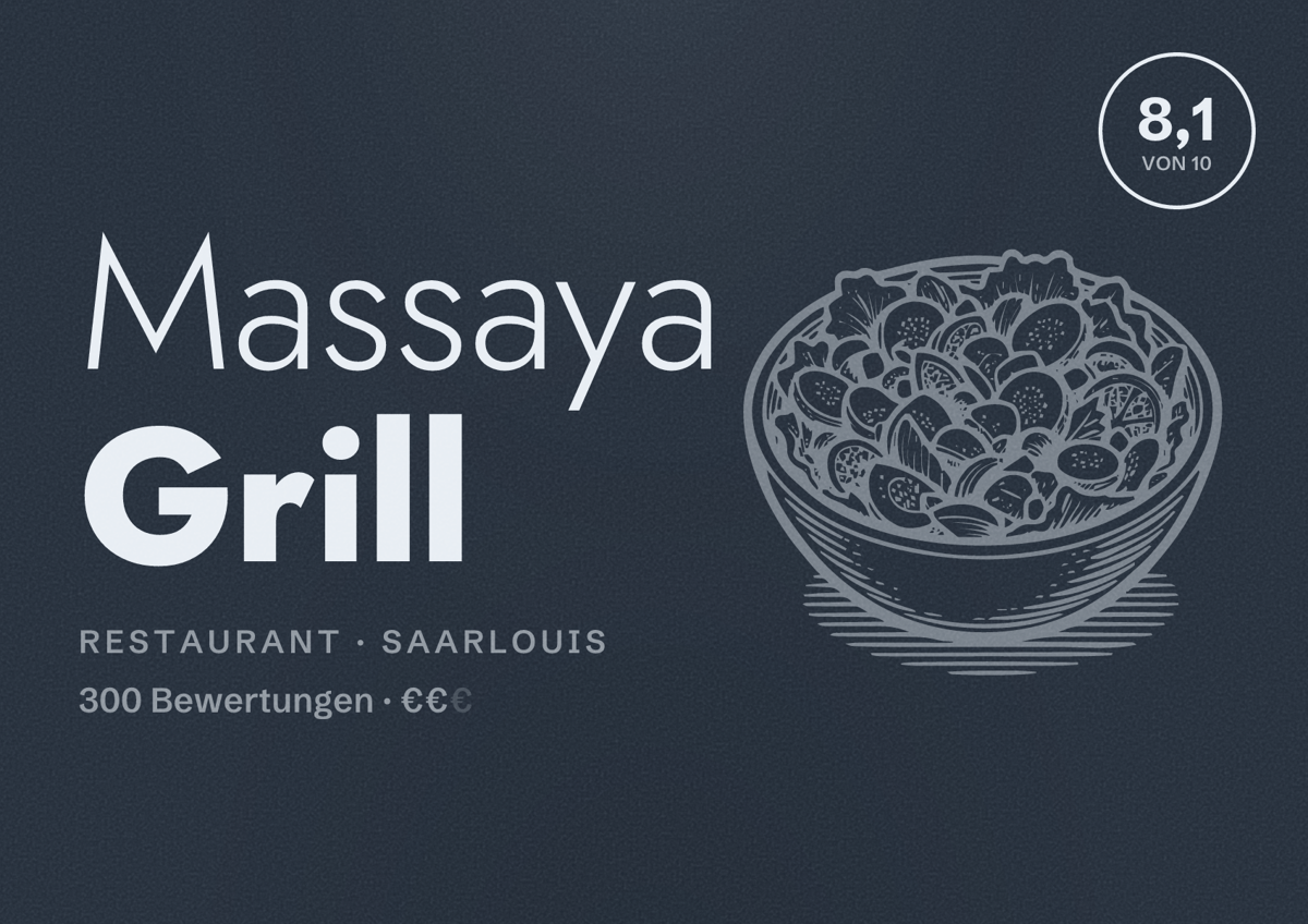 Illustriertes Poster von Massaya Grill, Restaurant in Saarlouis: Bewertung 8,1 von 10 aus 300 Bewertungen, Preisniveau €€