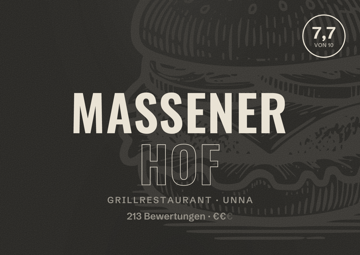 Illustriertes Poster von Massener Hof, Grillrestaurant in Unna: Bewertung 7,7 von 10 aus 213 Bewertungen, Preisniveau €€