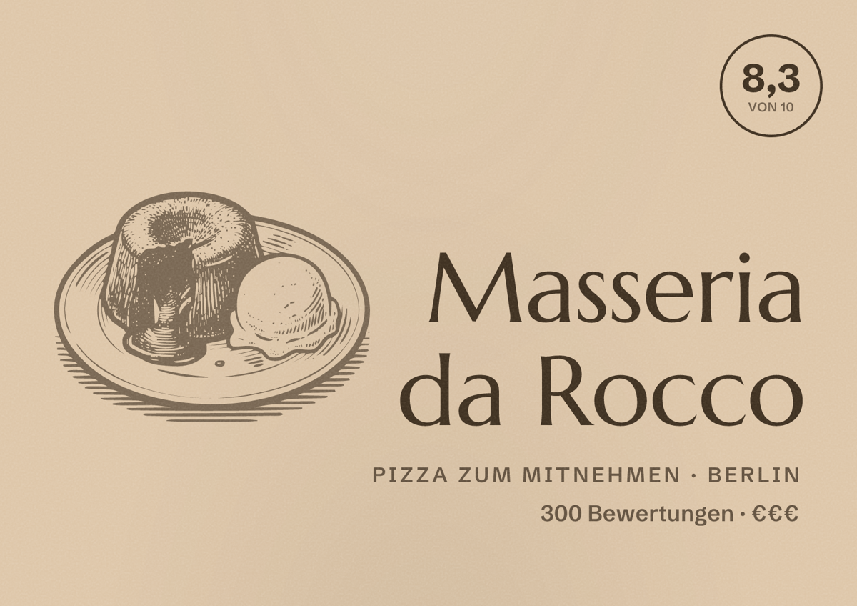 Illustriertes Poster von Masseria da Rocco, Pizza zum Mitnehmen in Berlin: Bewertung 8,3 von 10 aus 300 Bewertungen, Preisniveau €€€