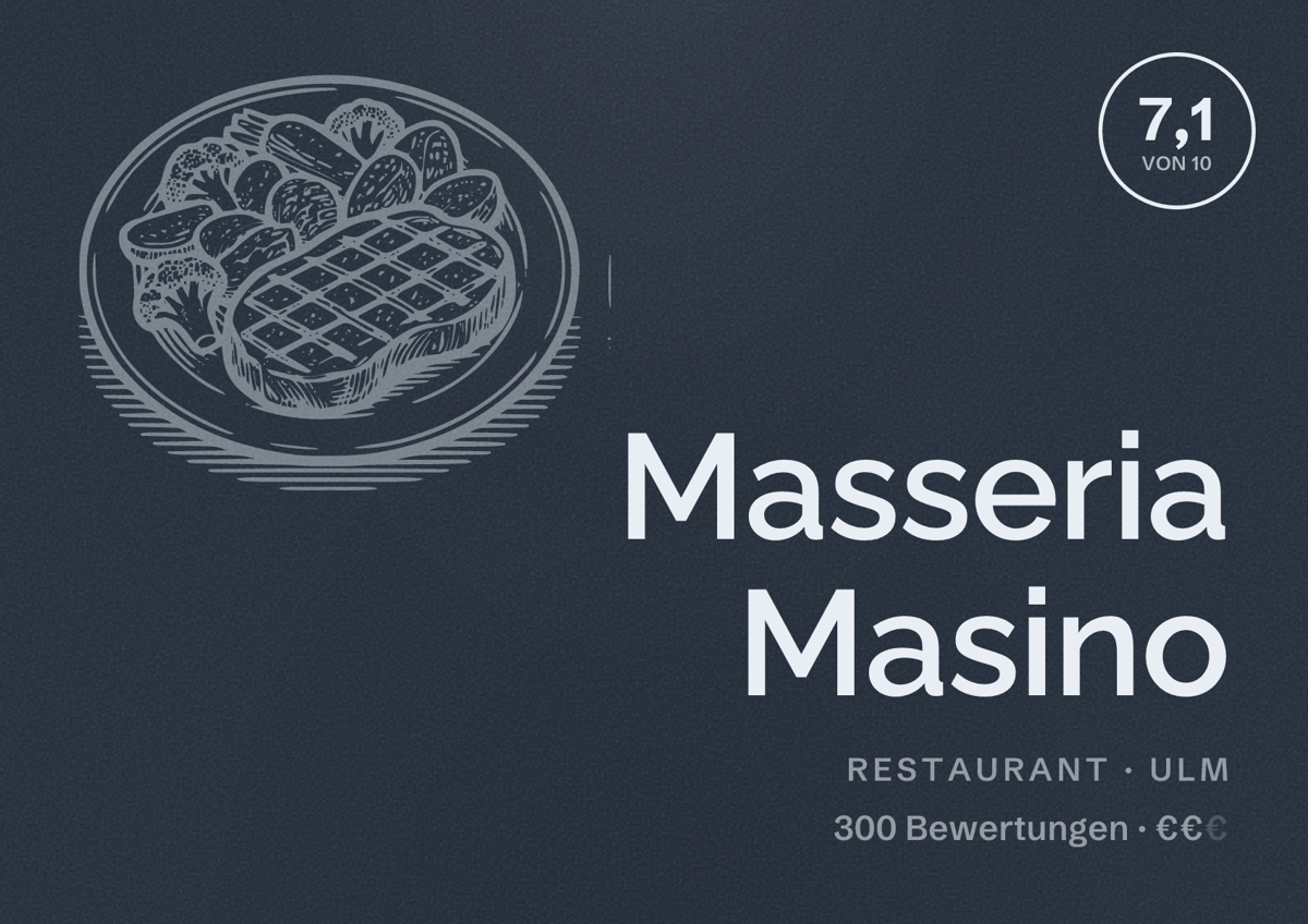 Illustriertes Poster von Masseria Masino, Restaurant in Ulm: Bewertung 7,1 von 10 aus 300 Bewertungen, Preisniveau €€