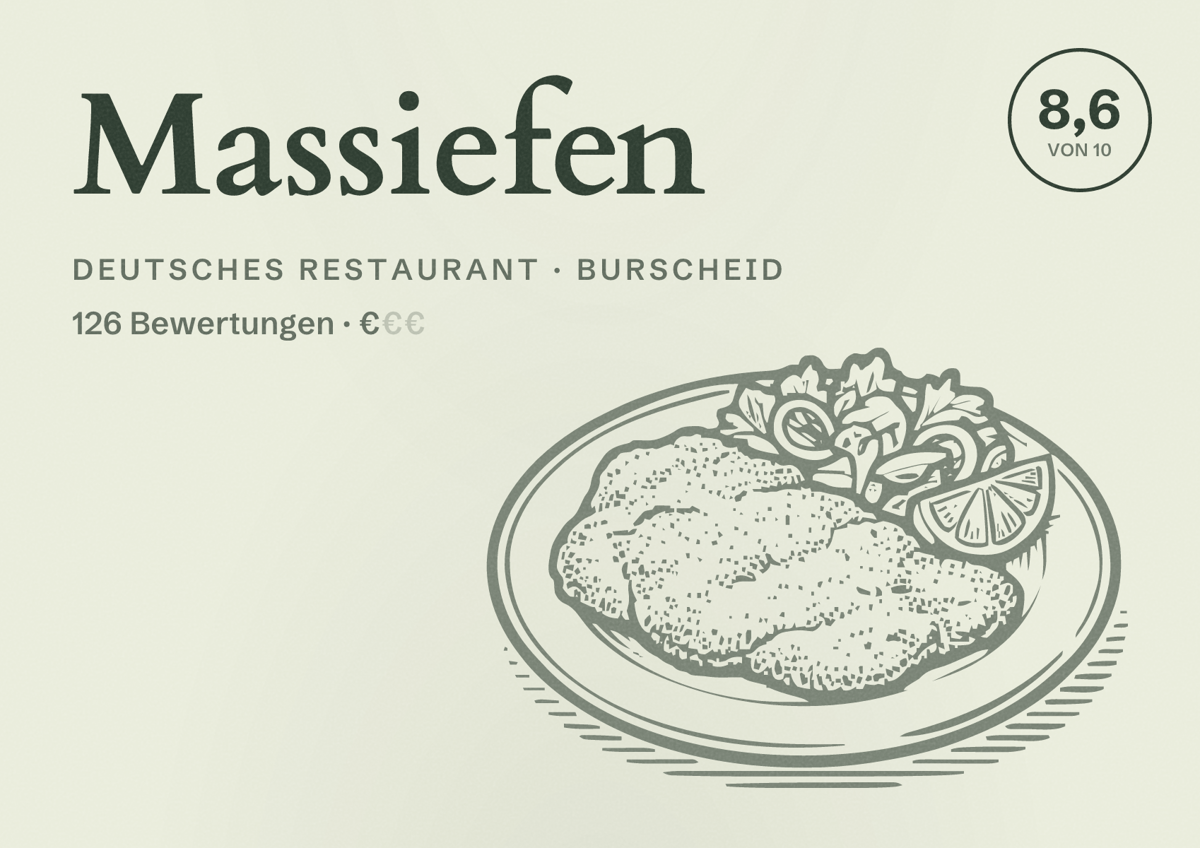 Illustriertes Poster von Massiefen, Deutsches Restaurant in Burscheid: Bewertung 8,6 von 10 aus 126 Bewertungen, Preisniveau €