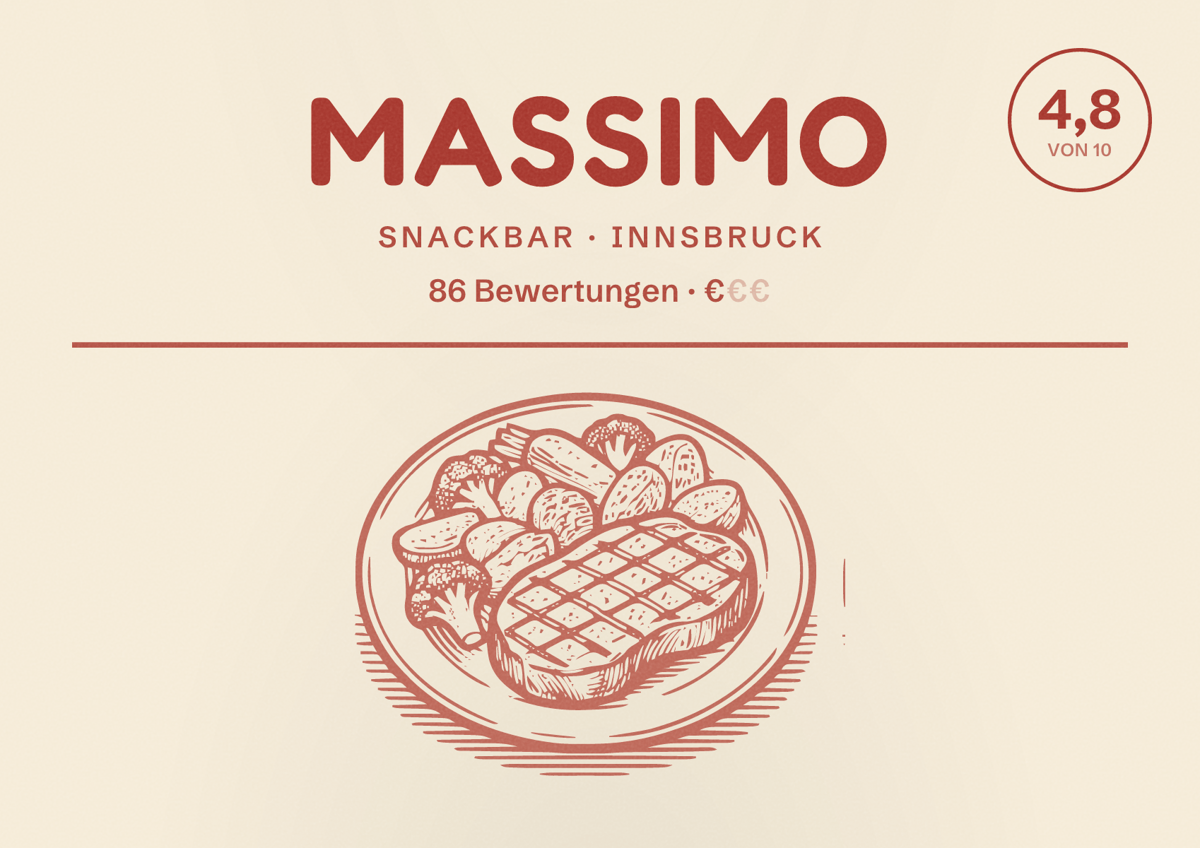 Illustriertes Poster von Massimo, Snackbar in Innsbruck: Bewertung 4,8 von 10 aus 86 Bewertungen, Preisniveau €