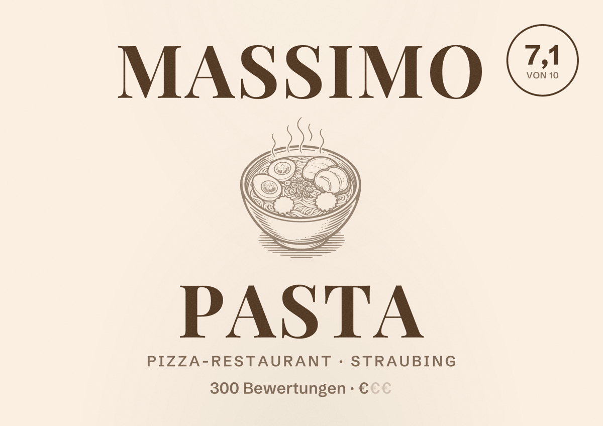 Illustriertes Poster von Massimo Pasta, Pizza-Restaurant in Straubing: Bewertung 7,1 von 10 aus 300 Bewertungen, Preisniveau €