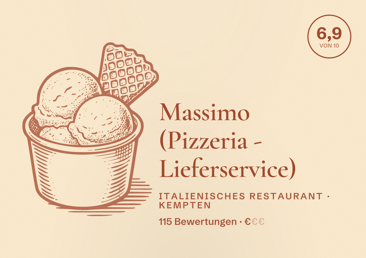Illustriertes Poster von Massimo (Pizzeria - Lieferservice), Italienisches Restaurant in Kempten: Bewertung 6,9 von 10 aus 115 Bewertungen, Preisniveau €