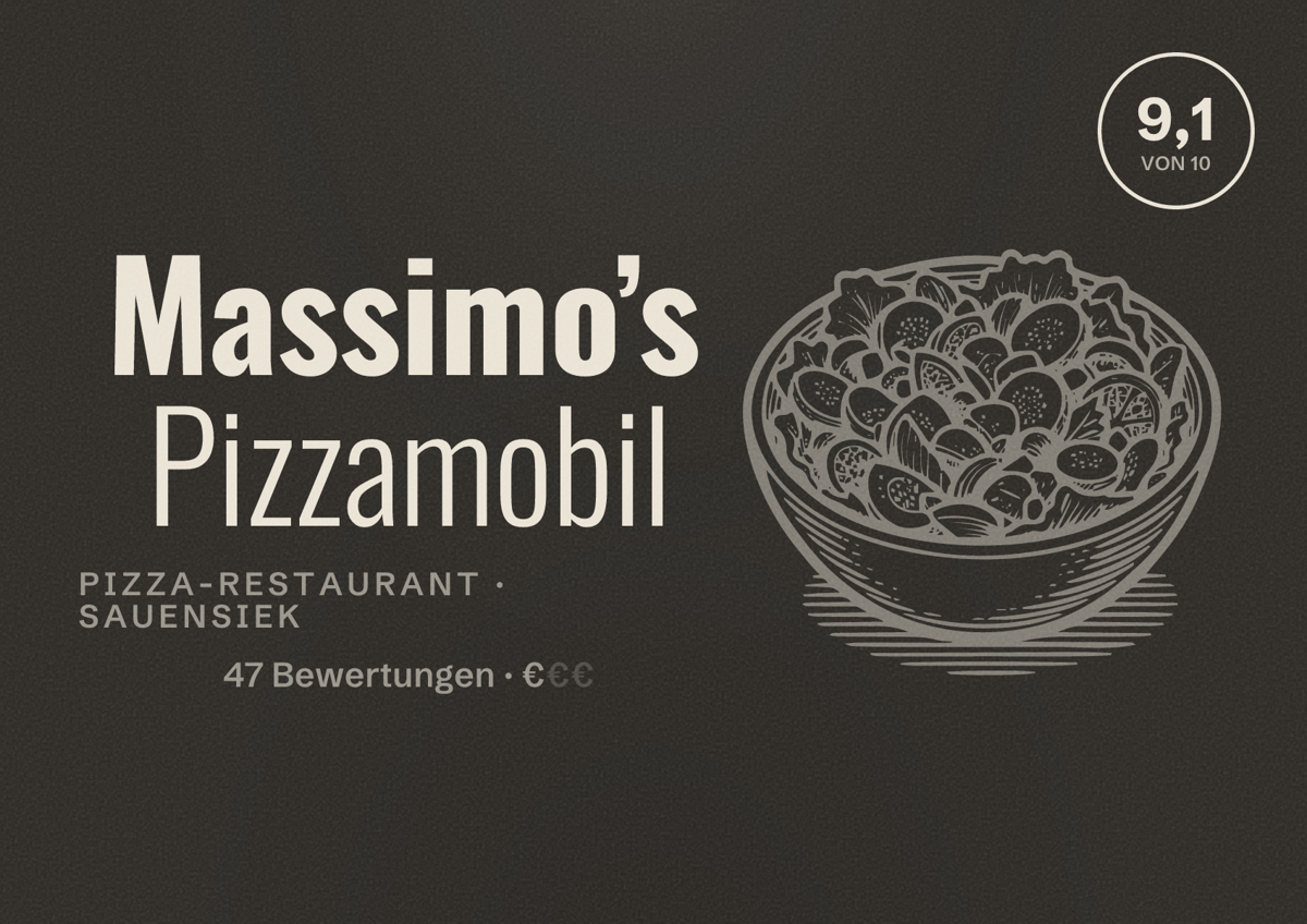 Illustriertes Poster von Massimo’s Pizzamobil, Pizza-Restaurant in Sauensiek: Bewertung 9,1 von 10 aus 47 Bewertungen, Preisniveau €