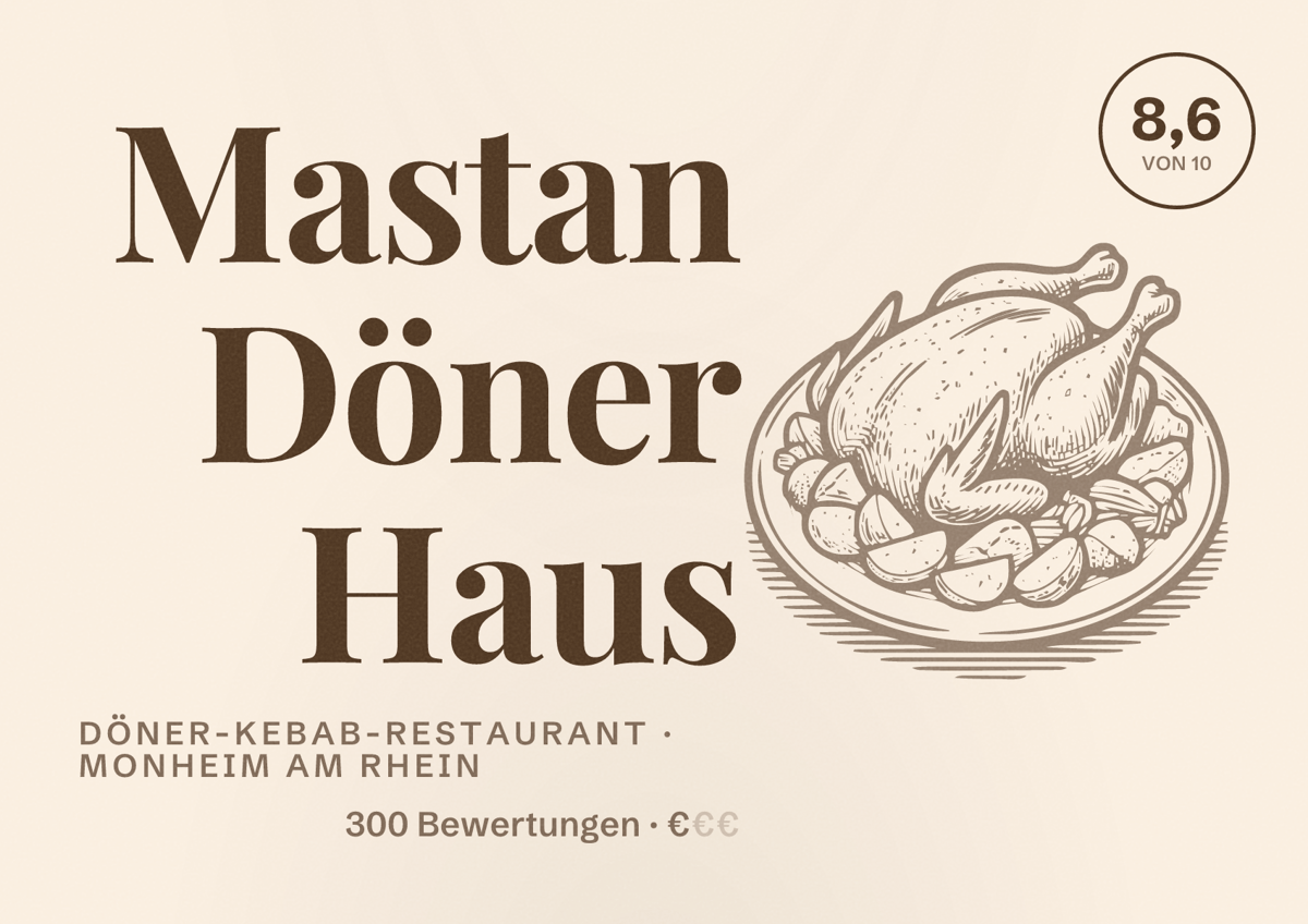 Illustriertes Poster von Mastan Döner Haus, Döner-Kebab-Restaurant in Monheim am Rhein: Bewertung 8,6 von 10 aus 300 Bewertungen, Preisniveau €