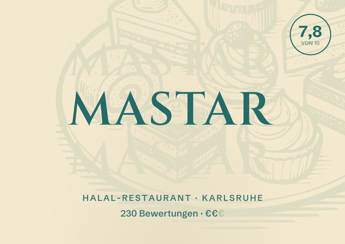 Illustriertes Poster von Mastar, Halal-Restaurant in Karlsruhe: Bewertung 7,8 von 10 aus 230 Bewertungen, Preisniveau €€