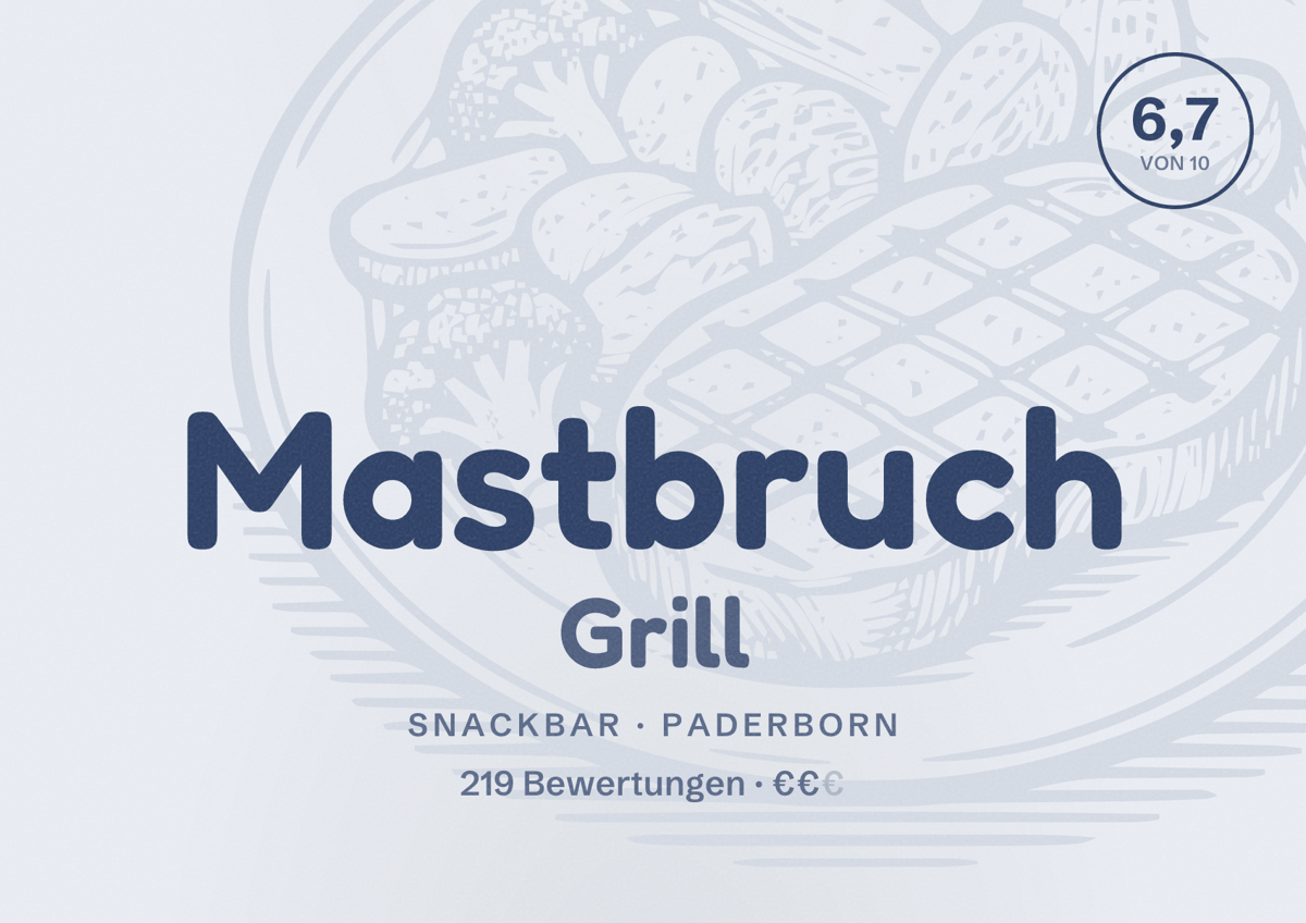 Illustriertes Poster von Mastbruch Grill, Snackbar in Paderborn: Bewertung 6,7 von 10 aus 219 Bewertungen, Preisniveau €€