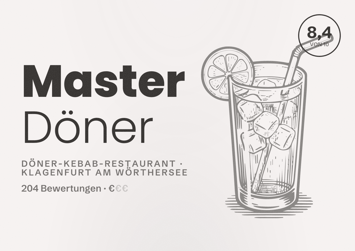Illustriertes Poster von Master Döner, Döner-Kebab-Restaurant in Klagenfurt am Wörthersee: Bewertung 8,4 von 10 aus 204 Bewertungen, Preisniveau €