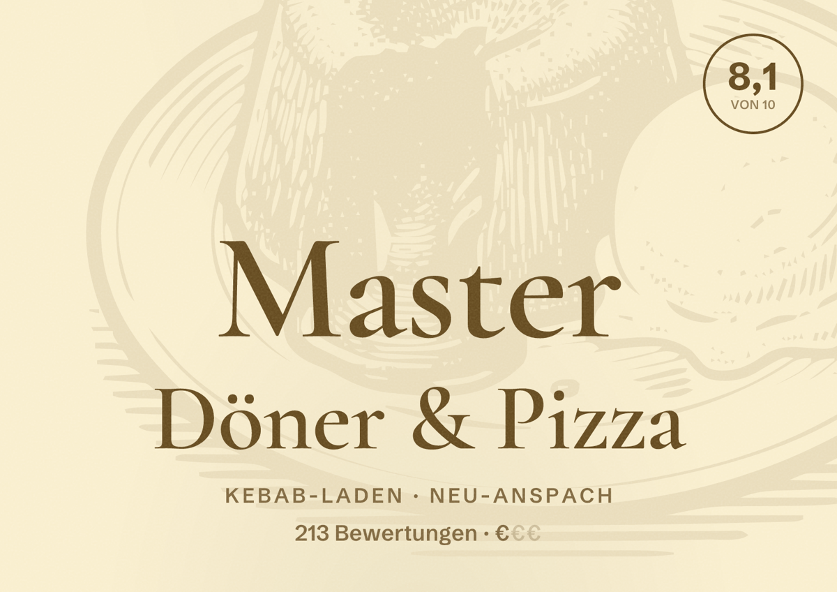 Illustriertes Poster von Master Döner & Pizza, Kebab-Laden in Neu-Anspach: Bewertung 8,1 von 10 aus 213 Bewertungen, Preisniveau €