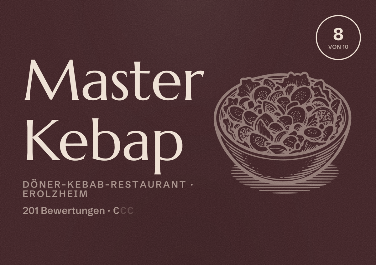 Illustriertes Poster von Master Kebap, Döner-Kebab-Restaurant in Erolzheim: Bewertung 8 von 10 aus 201 Bewertungen, Preisniveau €