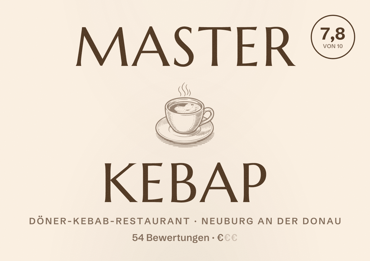 Illustriertes Poster von Master Kebap, Döner-Kebab-Restaurant in Neuburg an der Donau: Bewertung 7,8 von 10 aus 54 Bewertungen, Preisniveau €