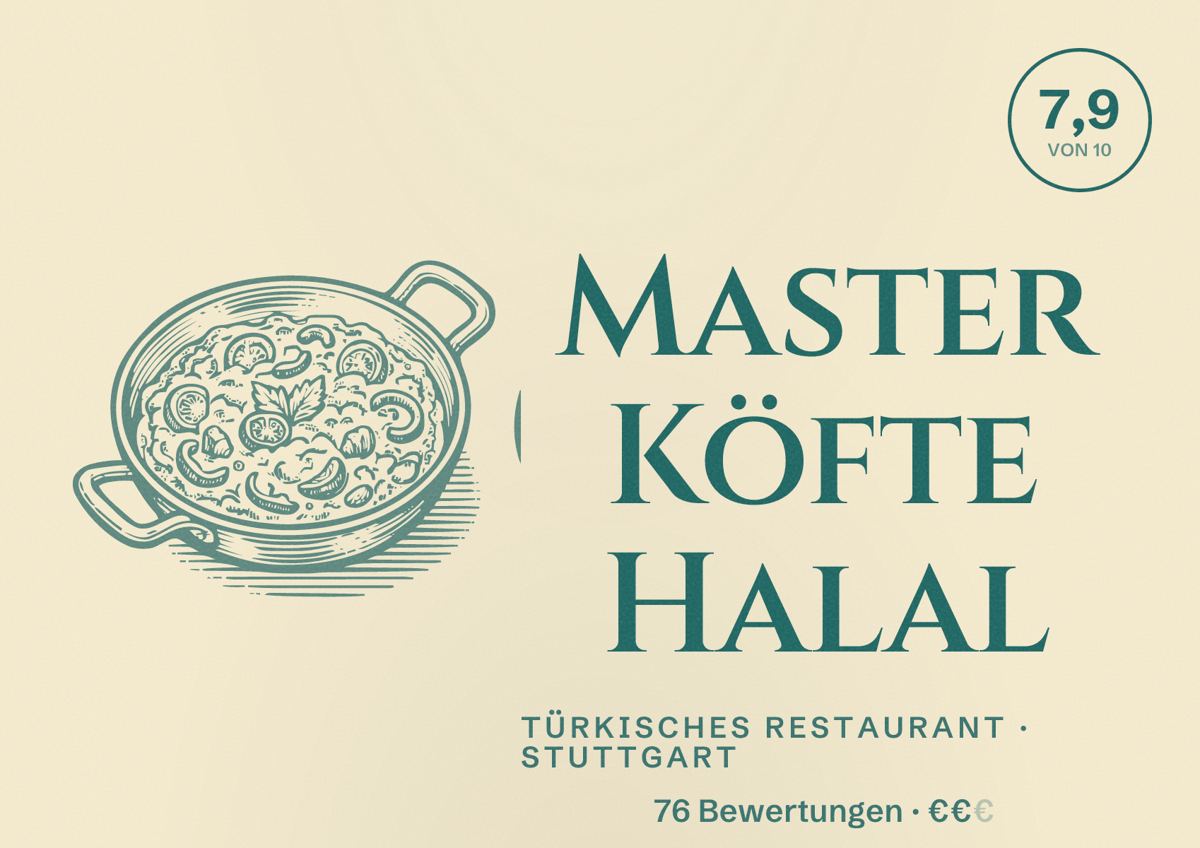 Illustriertes Poster von Master Köfte Halal, Türkisches Restaurant in Stuttgart: Bewertung 7,9 von 10 aus 76 Bewertungen, Preisniveau €€