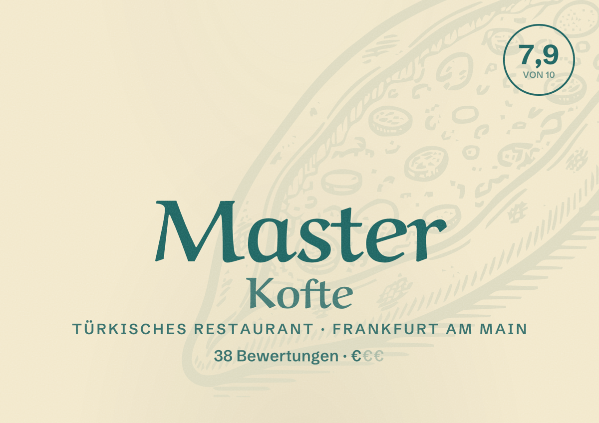 Illustriertes Poster von Master Kofte, Türkisches Restaurant in Frankfurt am Main: Bewertung 7,9 von 10 aus 38 Bewertungen, Preisniveau €
