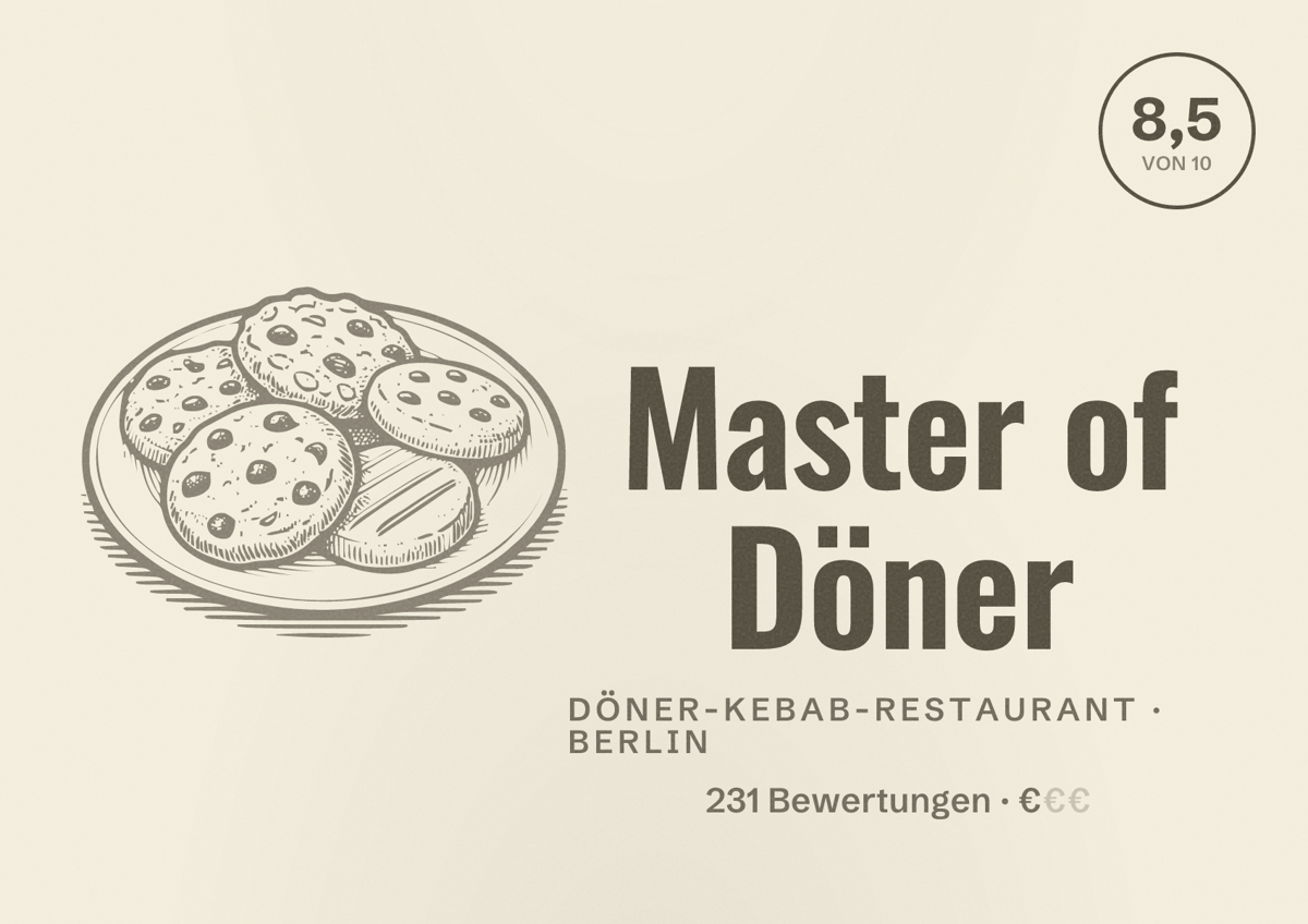 Illustriertes Poster von Master of Döner, Döner-Kebab-Restaurant in Berlin: Bewertung 8,5 von 10 aus 231 Bewertungen, Preisniveau €