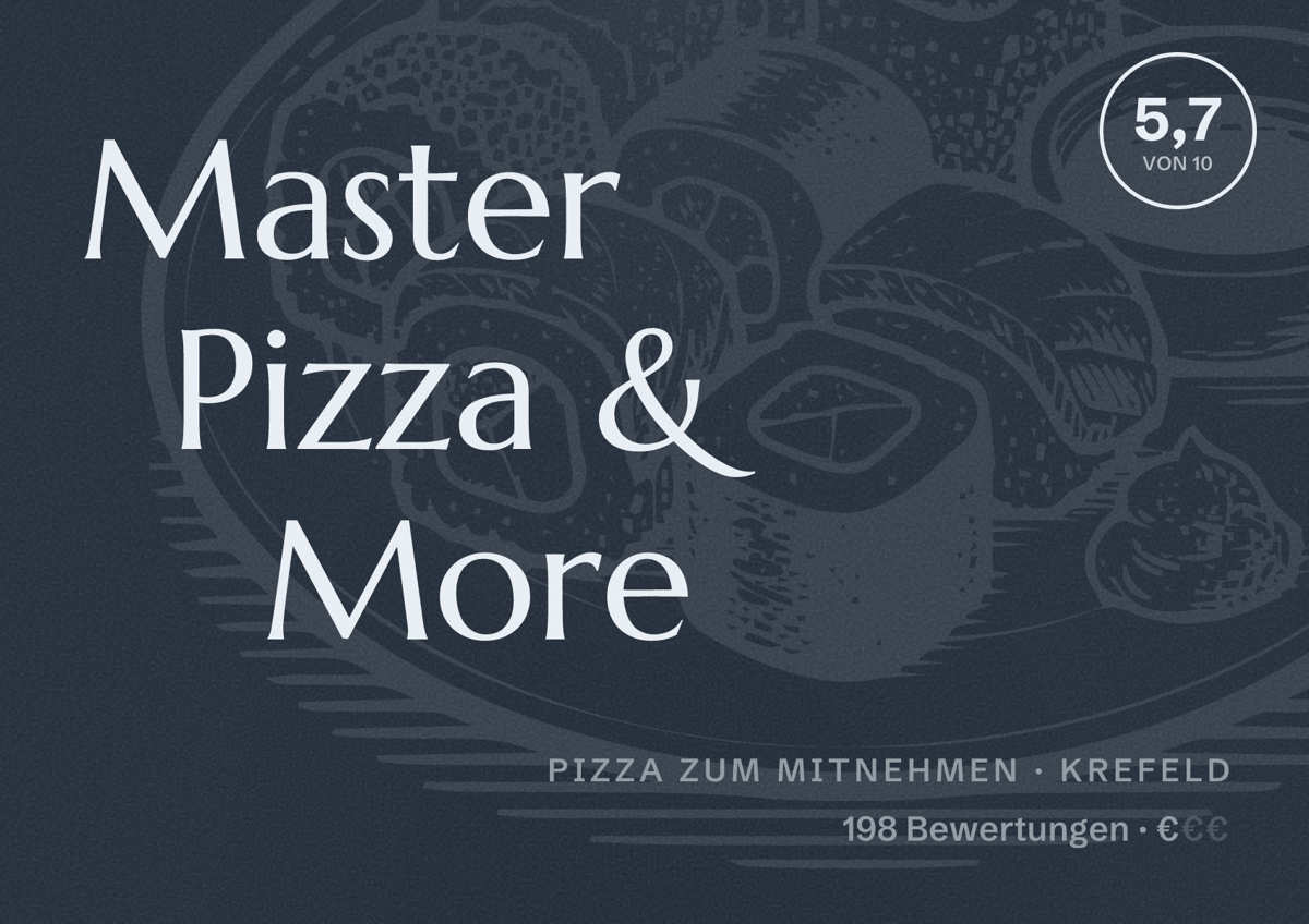 Illustriertes Poster von Master Pizza & More, Pizza zum Mitnehmen in Krefeld: Bewertung 5,7 von 10 aus 198 Bewertungen, Preisniveau €