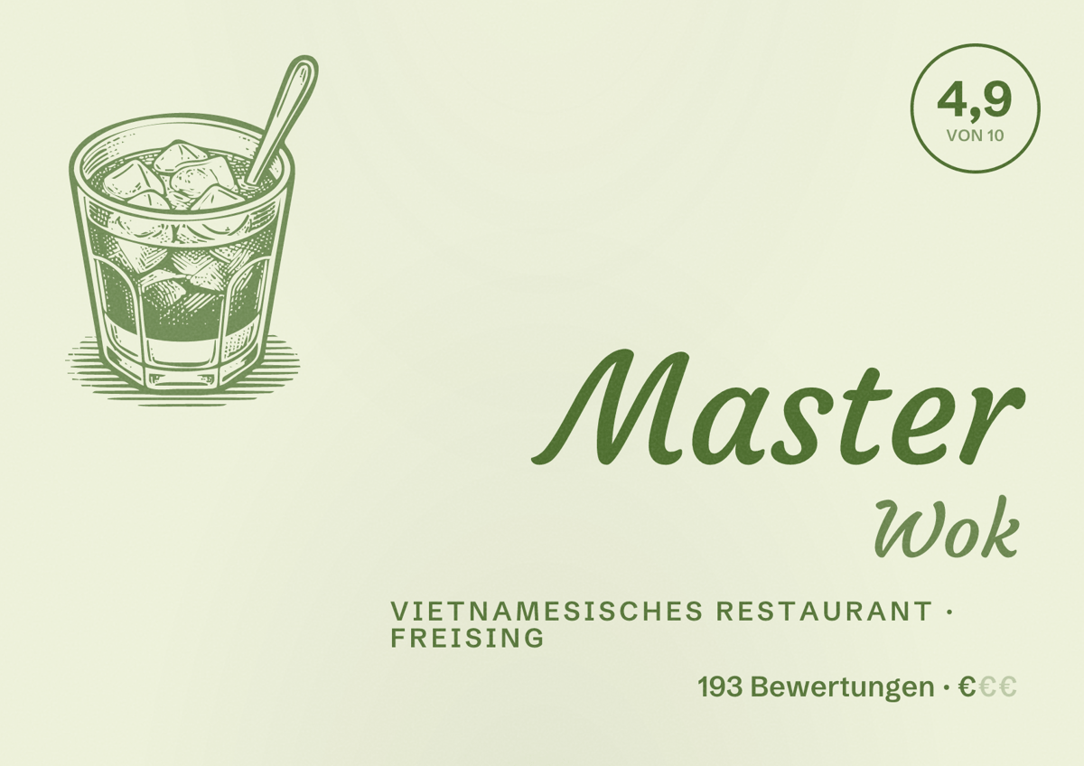 Illustriertes Poster von Master Wok, Vietnamesisches Restaurant in Freising: Bewertung 4,9 von 10 aus 193 Bewertungen, Preisniveau €