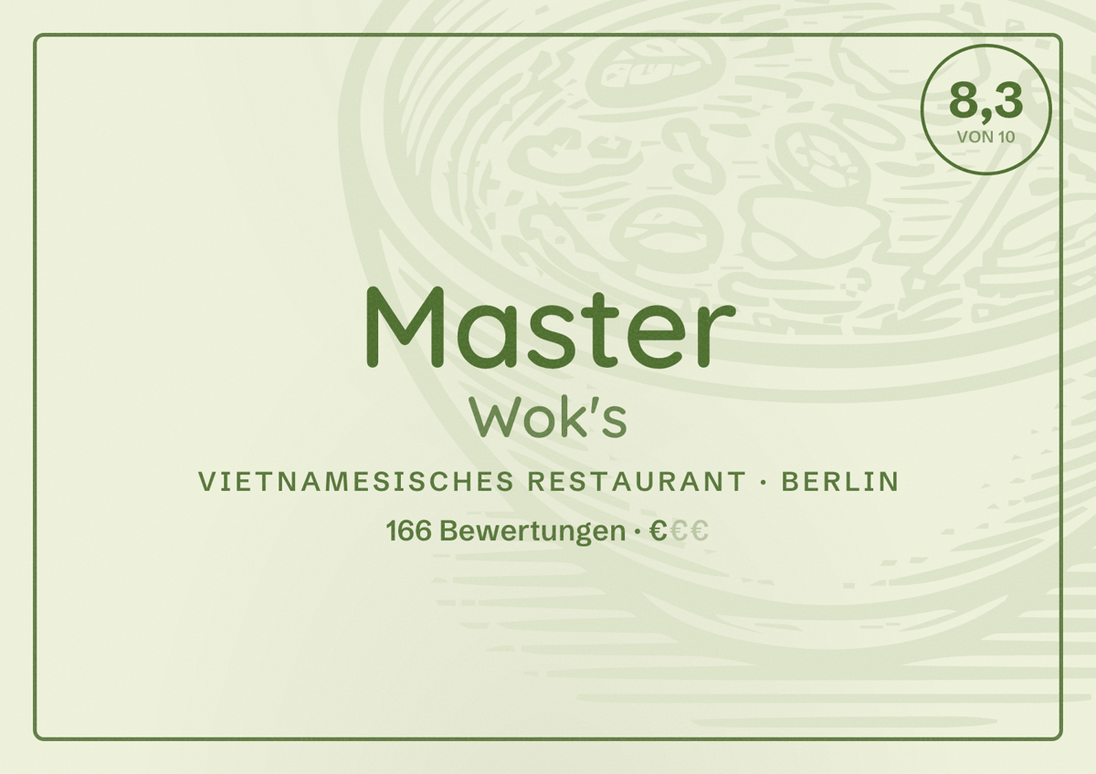 Illustriertes Poster von Master Wok's, Vietnamesisches Restaurant in Berlin: Bewertung 8,3 von 10 aus 166 Bewertungen, Preisniveau €