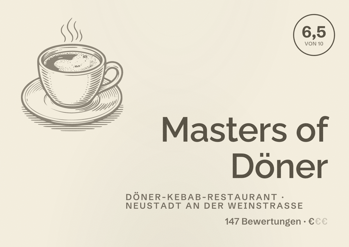 Illustriertes Poster von Masters of Döner, Döner-Kebab-Restaurant in Neustadt an der Weinstraße: Bewertung 6,5 von 10 aus 147 Bewertungen, Preisniveau €
