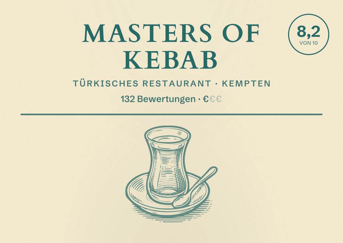 Illustriertes Poster von Masters of Kebab, Türkisches Restaurant in Kempten: Bewertung 8,2 von 10 aus 132 Bewertungen, Preisniveau €