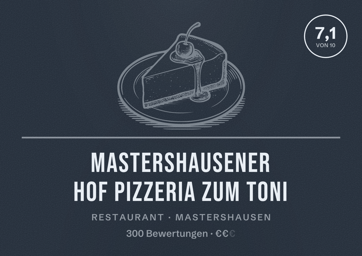 Illustriertes Poster von Mastershausener Hof Pizzeria Zum Toni, Restaurant in Mastershausen: Bewertung 7,1 von 10 aus 300 Bewertungen, Preisniveau €€