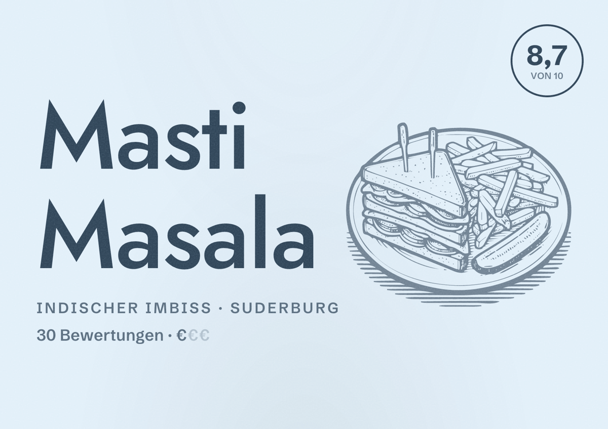 Illustriertes Poster von Masti Masala, Indischer Imbiss in Suderburg: Bewertung 8,7 von 10 aus 30 Bewertungen, Preisniveau €